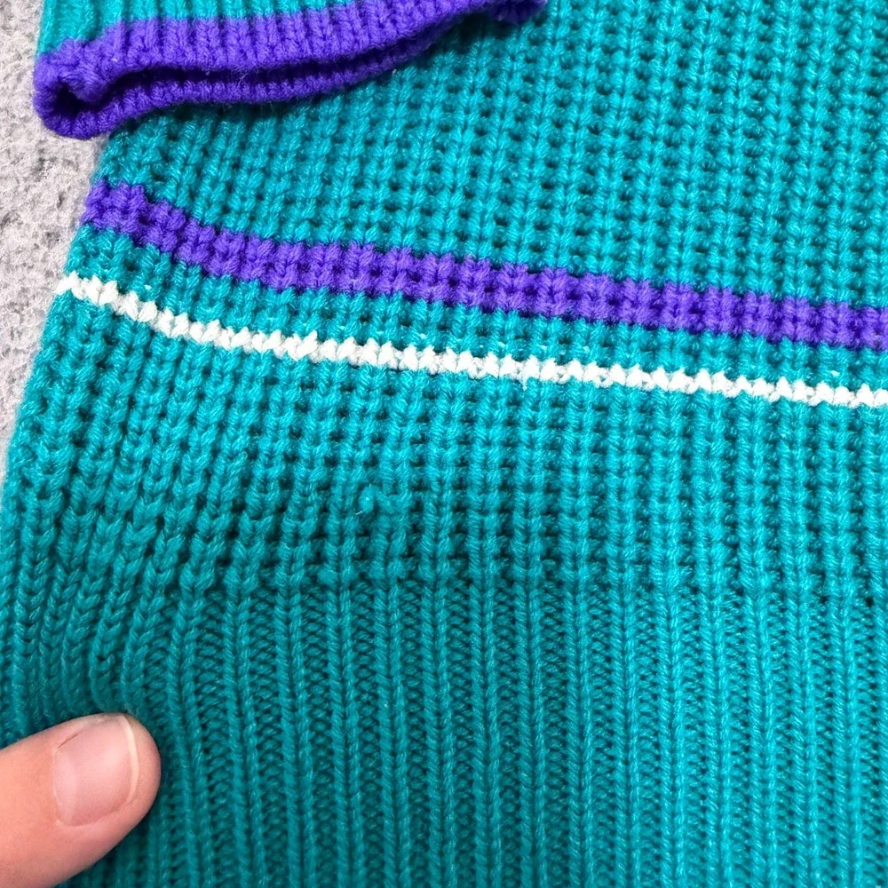 Vintage Melange 90s Teal Sweater Striped Cable Knit Crew Neck Womens Medium